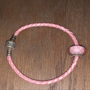 Pandora Pink Leather Bracelet & Faceted Charm